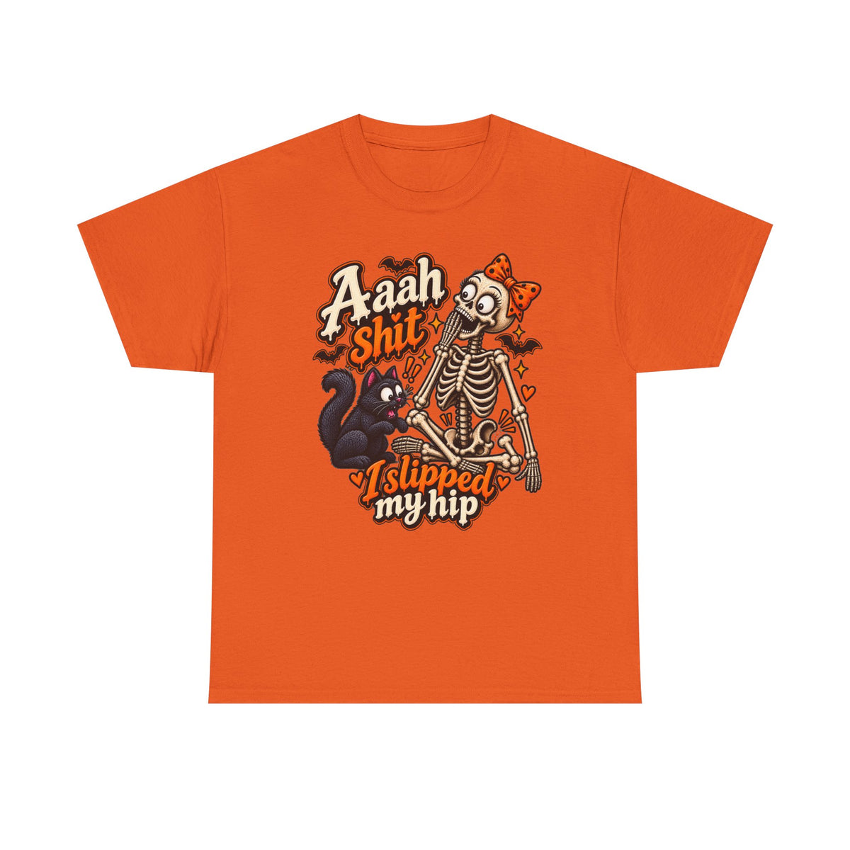 Skeleton Cat Tee — “Aaah Shit I Slipped My Hip” Halloween Graphic T-Shirt