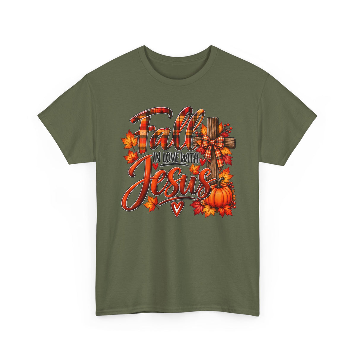 Fall in Love with Jesus T-Shirt — Autumn Christian Tee with Pumpkins & Leaves