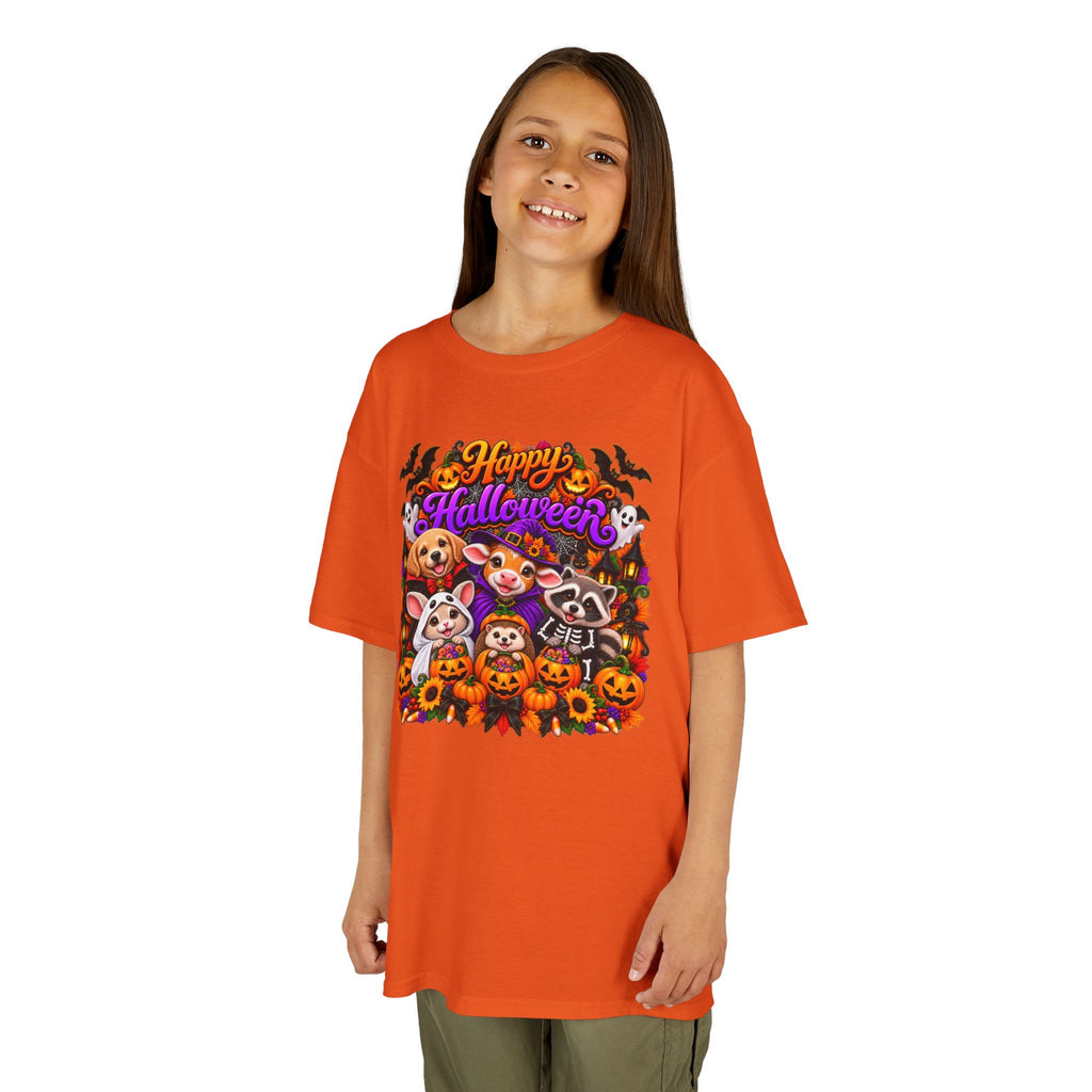 Kids T-Shirt — Colorful 'Happy Halloween' Animal Pumpkin Crew