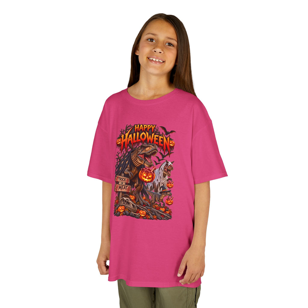 Kids Halloween Tee – "Happy Halloween" Scary Pumpkin Dinosaur Graphic