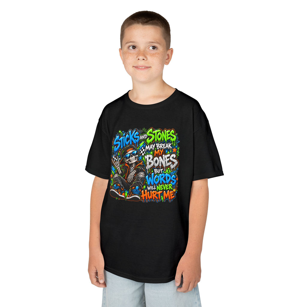 Kids T‑Shirt - Colorful 'Sticks and Stones May Break My Bones But Words Will Never Hurt Me' Graphic Tee