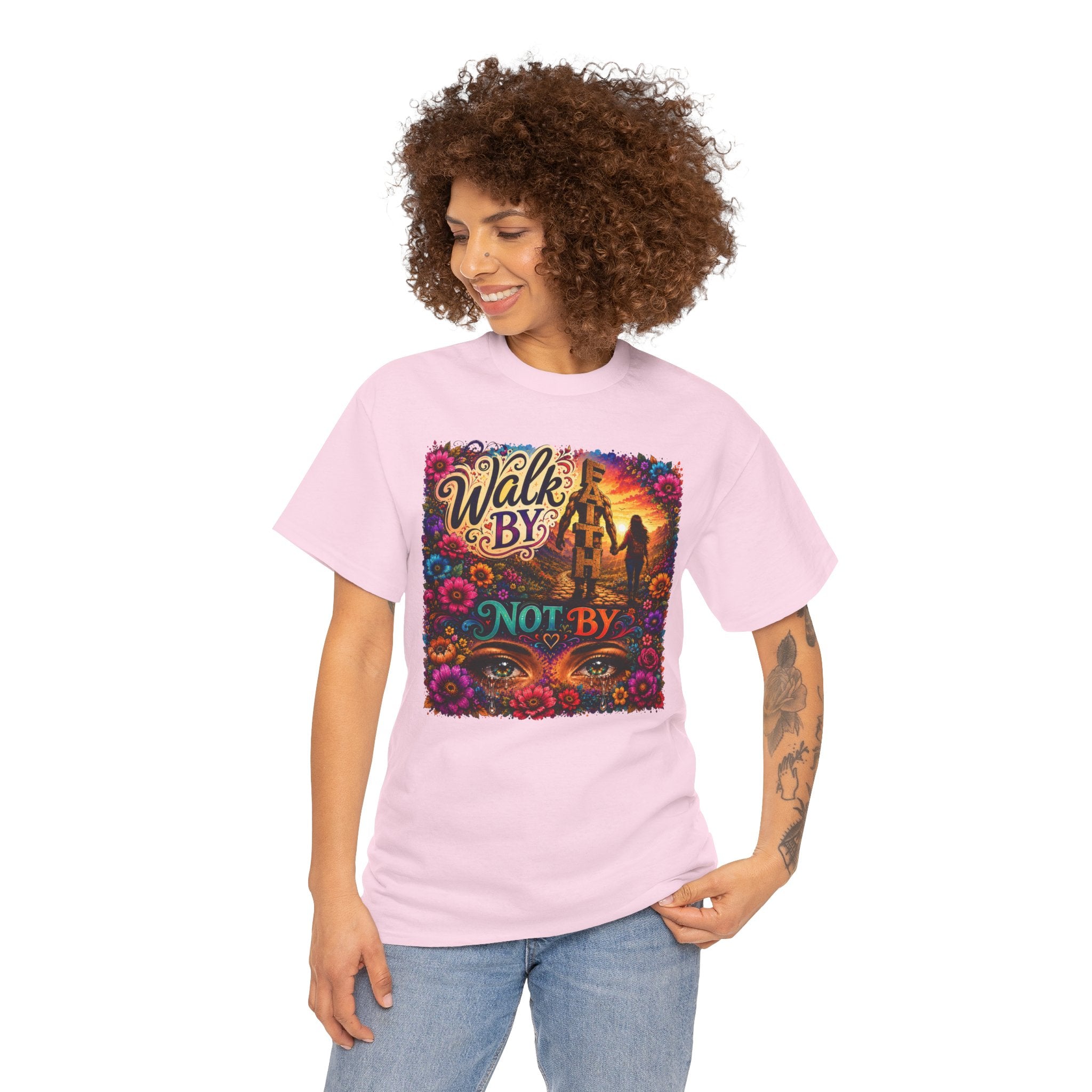 T‑Shirt — "Walk By Faith Not By Sight" Colorful Sunset Silhouette Christian Tee
