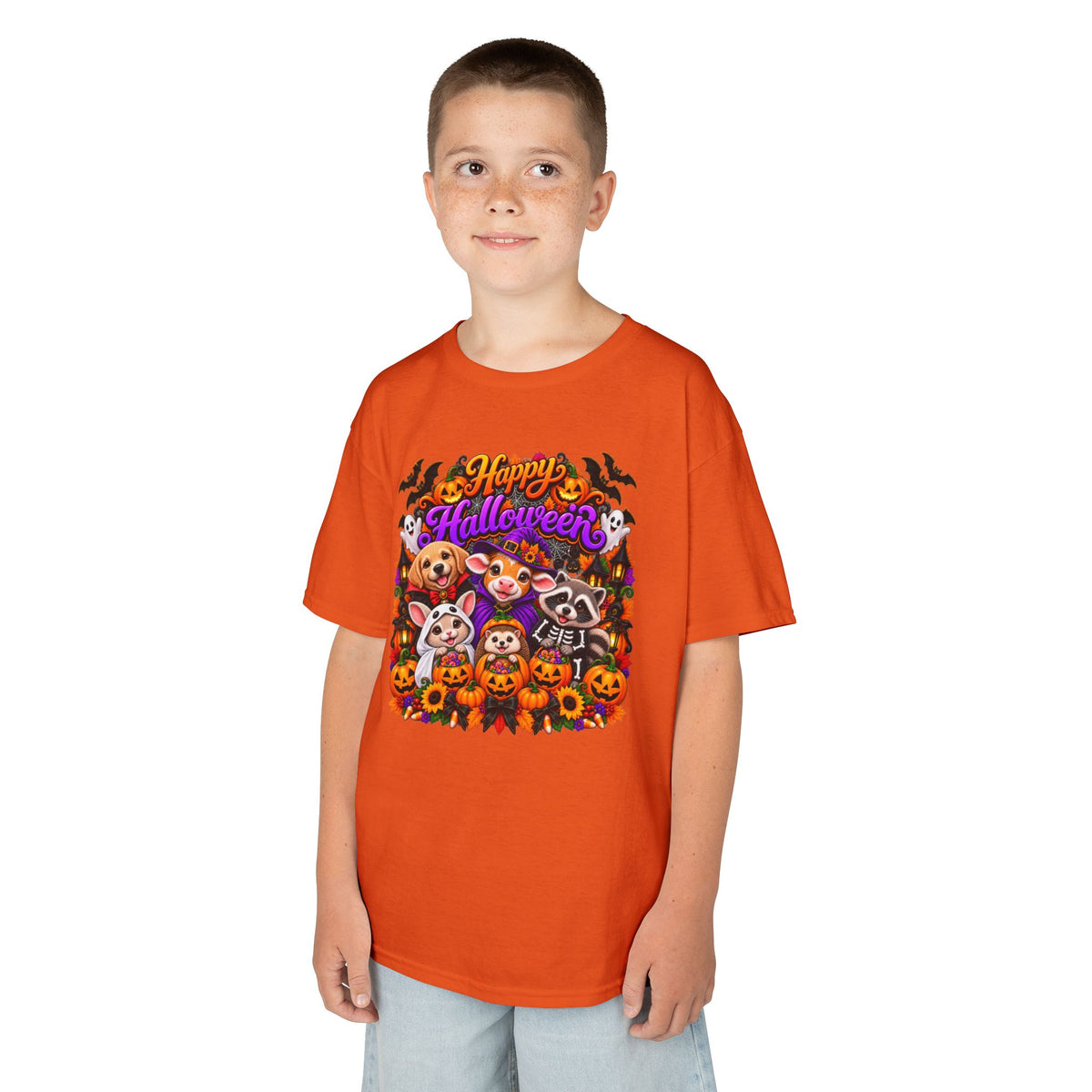 Kids T-Shirt — Colorful 'Happy Halloween' Animal Pumpkin Crew