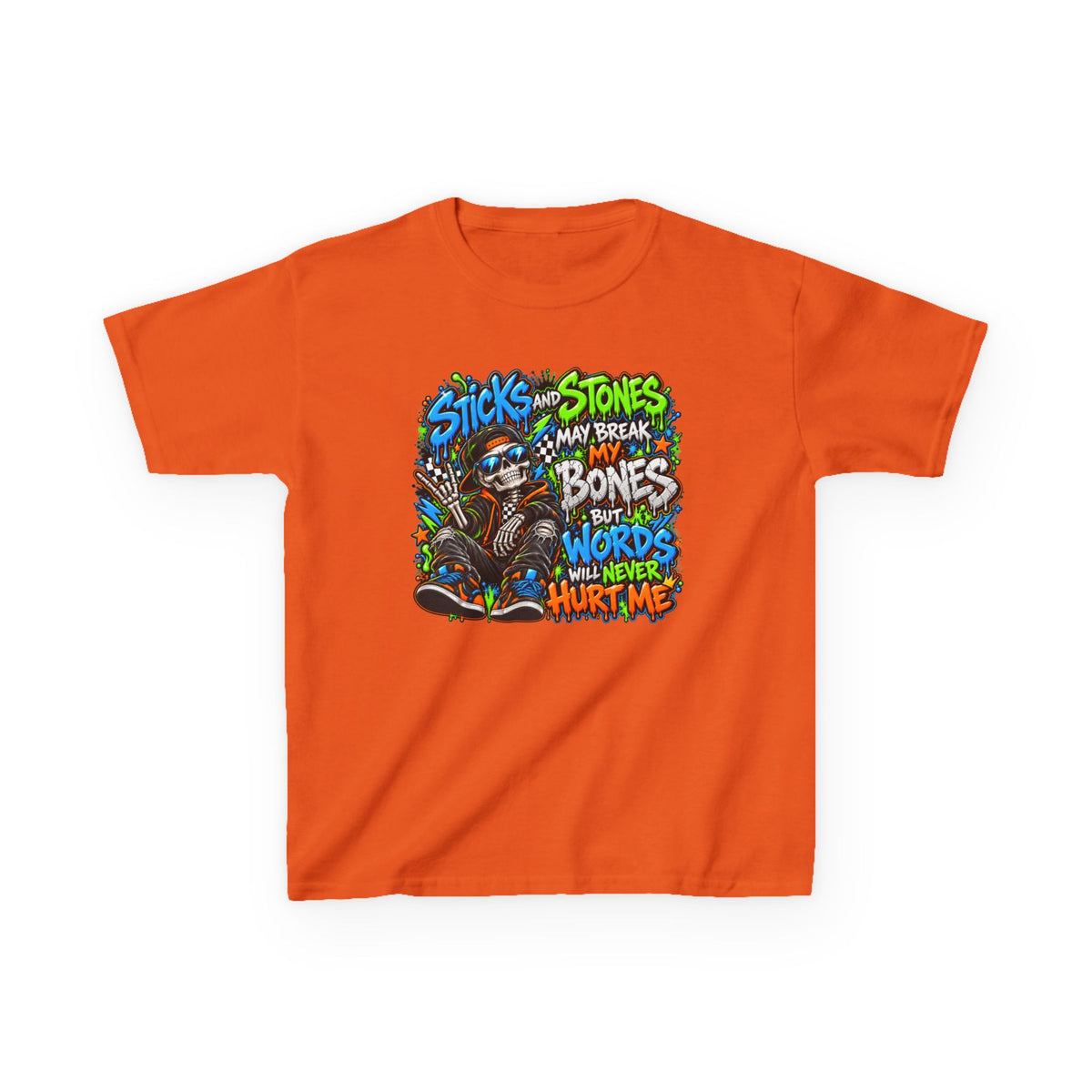 Kids T‑Shirt - Colorful 'Sticks and Stones May Break My Bones But Words Will Never Hurt Me' Graphic Tee