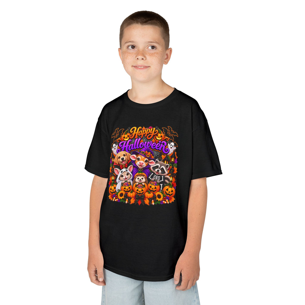 Kids T-Shirt — Colorful 'Happy Halloween' Animal Pumpkin Crew