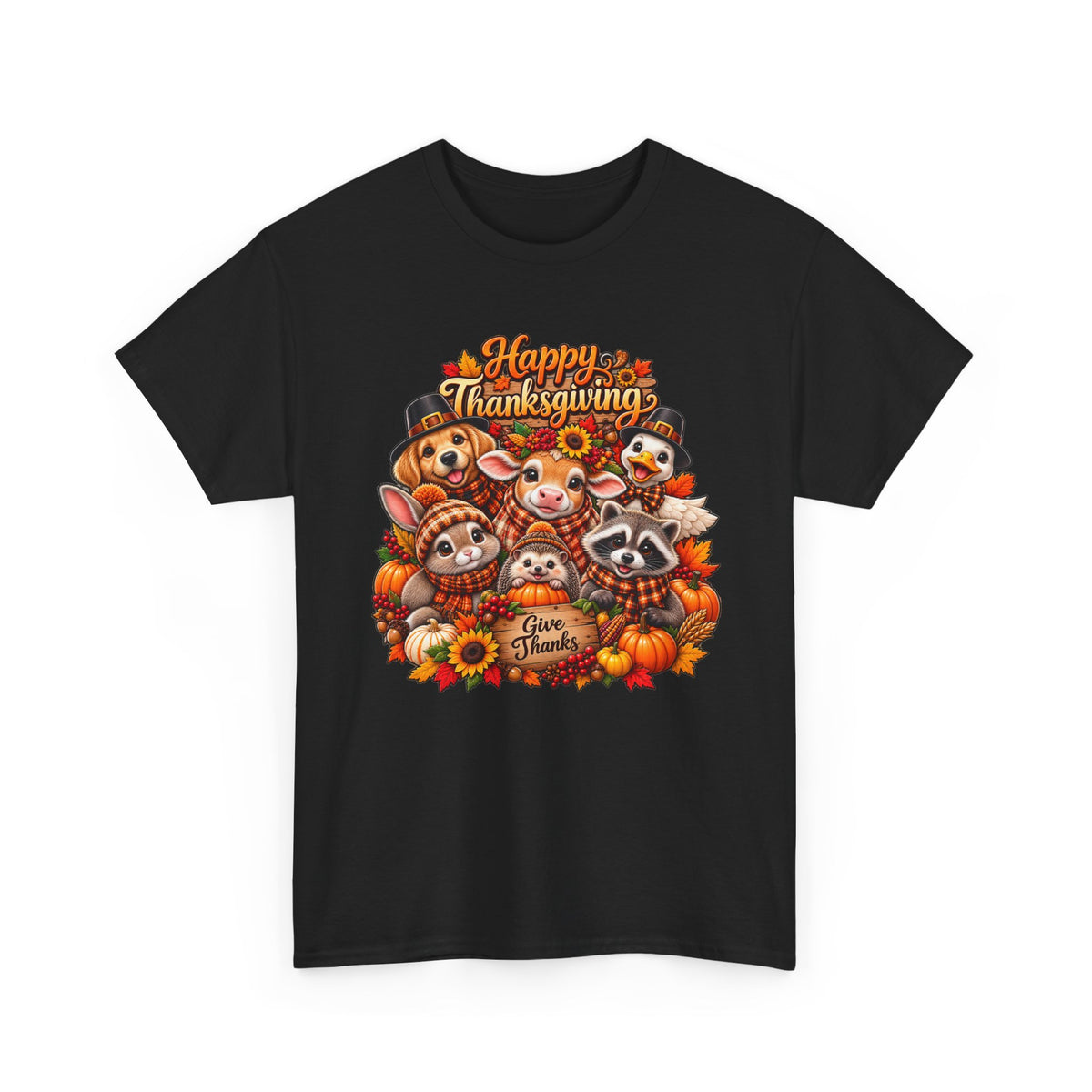 Thanksgiving Animal Friends T-Shirt — "Give Thanks" Cute Fall Turkey, Fox & Raccoon Tee