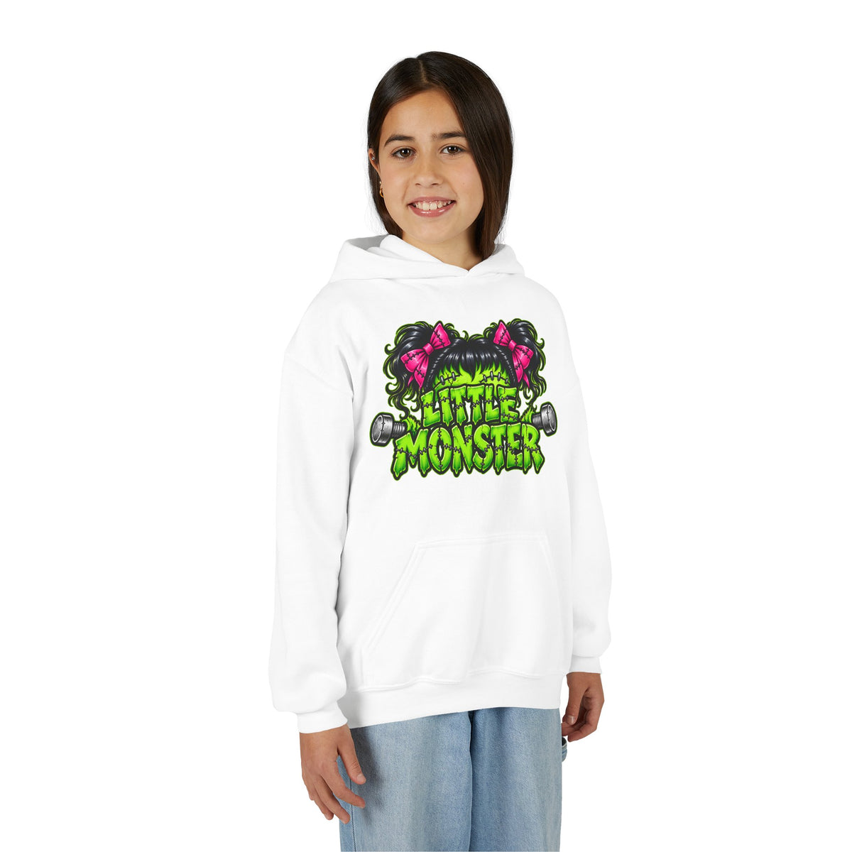 Youth Hoodie — "Little Monster" Cute Green Monster Graphic Sweatshirt