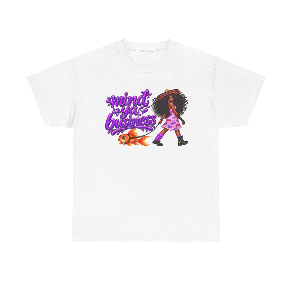 Mind Ya' Business Graphic Tee — Girl Walking with Goldfish Design