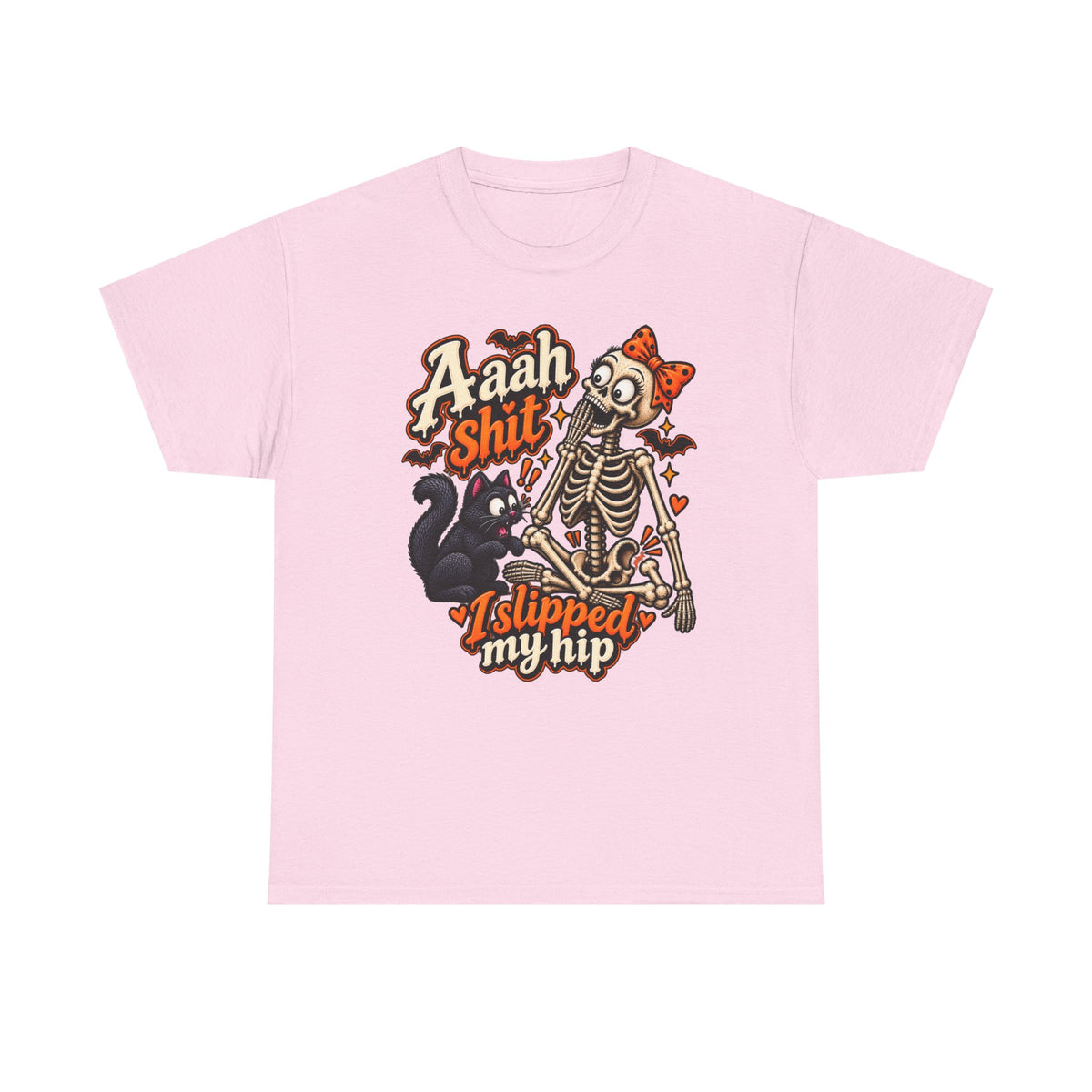 Skeleton Cat Tee — “Aaah Shit I Slipped My Hip” Halloween Graphic T-Shirt