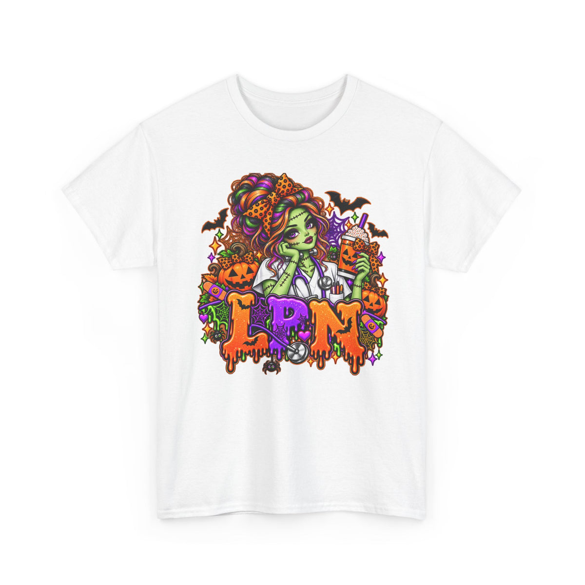 Witchy Halloween Tee — Green Witch, Pumpkins & 'LPN' Candy Gothic Shirt