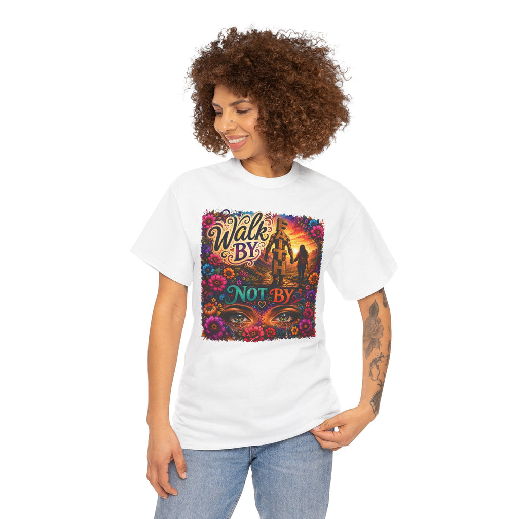 T‑Shirt — "Walk By Faith Not By Sight" Colorful Sunset Silhouette Christian Tee