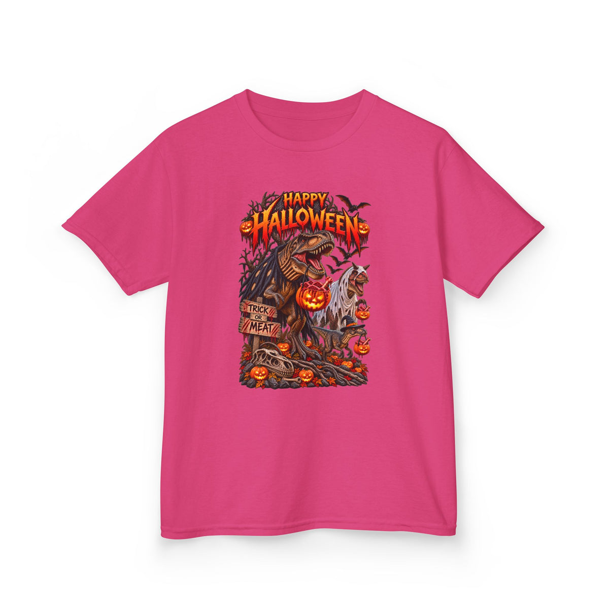 Kids Halloween Tee – "Happy Halloween" Scary Pumpkin Dinosaur Graphic