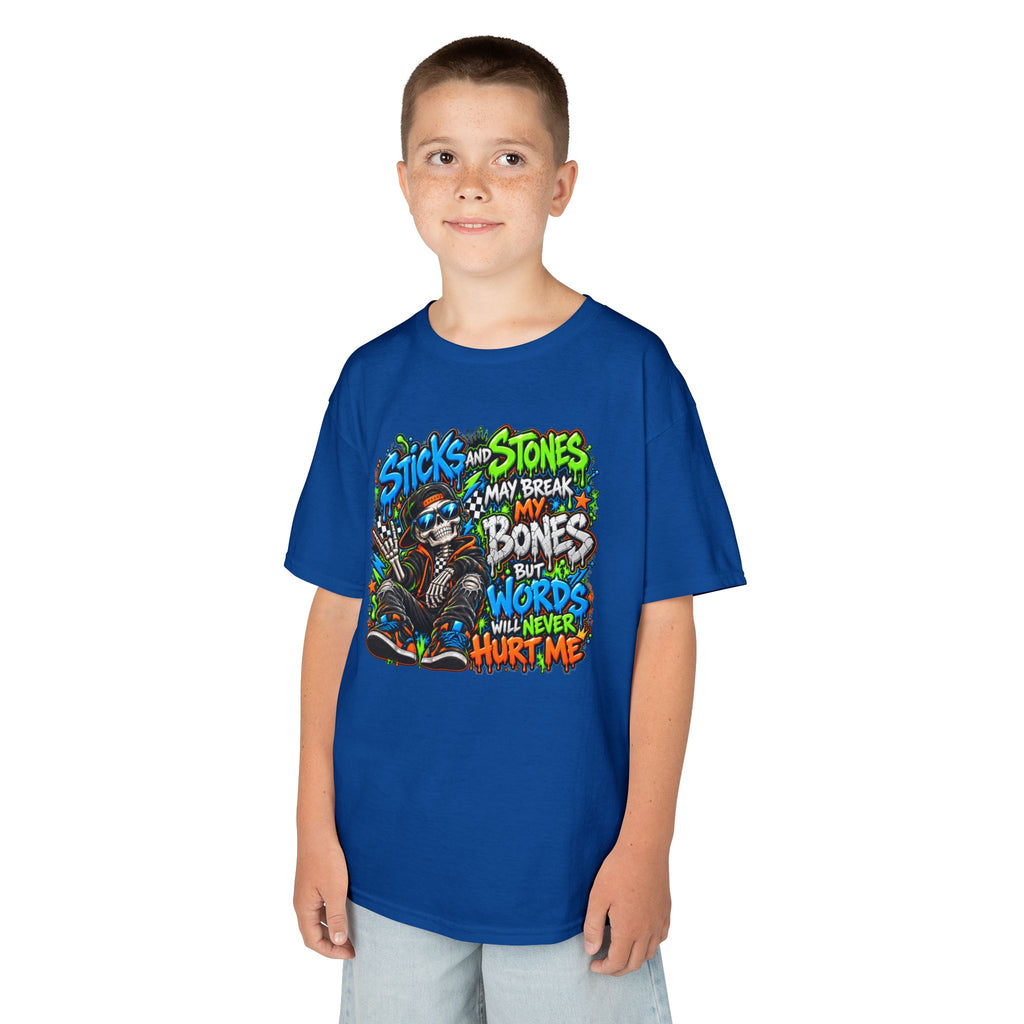 Kids T‑Shirt - Colorful 'Sticks and Stones May Break My Bones But Words Will Never Hurt Me' Graphic Tee
