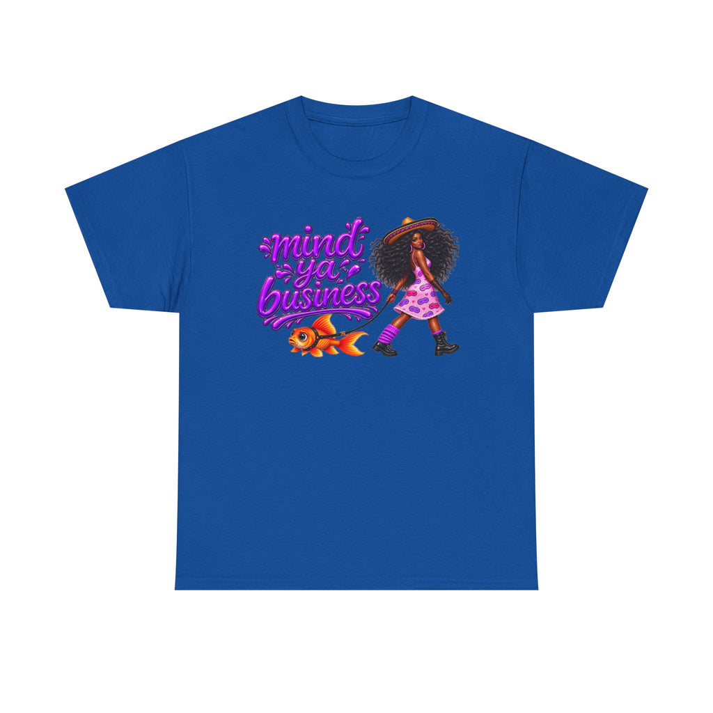 Mind Ya' Business Graphic Tee — Girl Walking with Goldfish Design