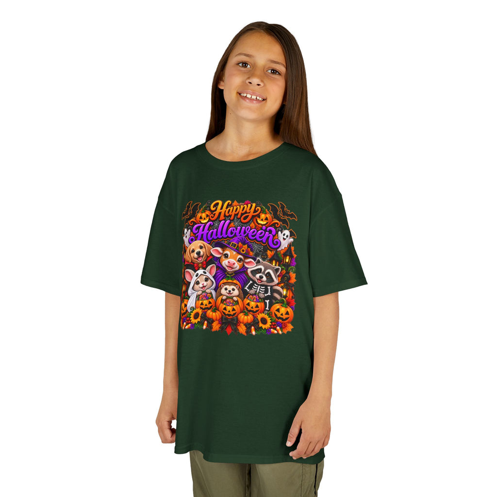 Kids T-Shirt — Colorful 'Happy Halloween' Animal Pumpkin Crew