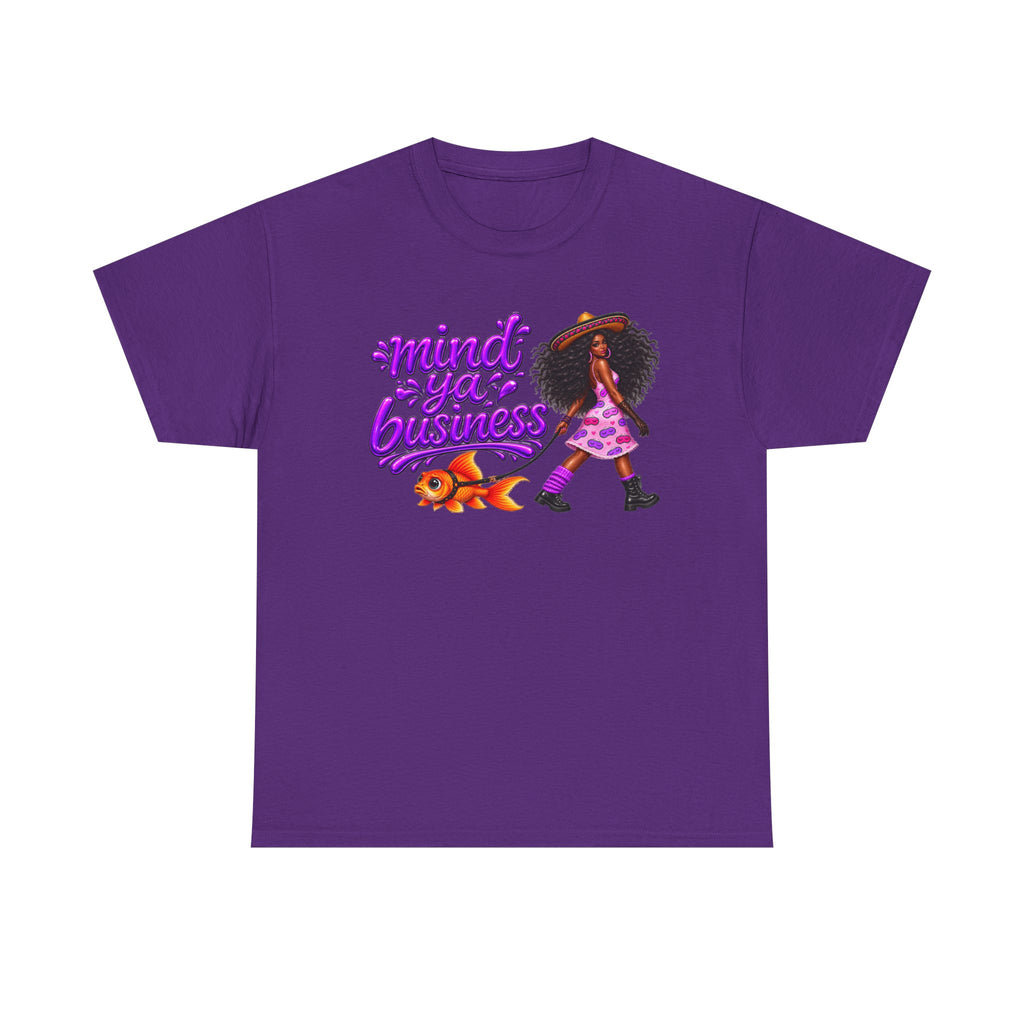 Mind Ya' Business Graphic Tee — Girl Walking with Goldfish Design