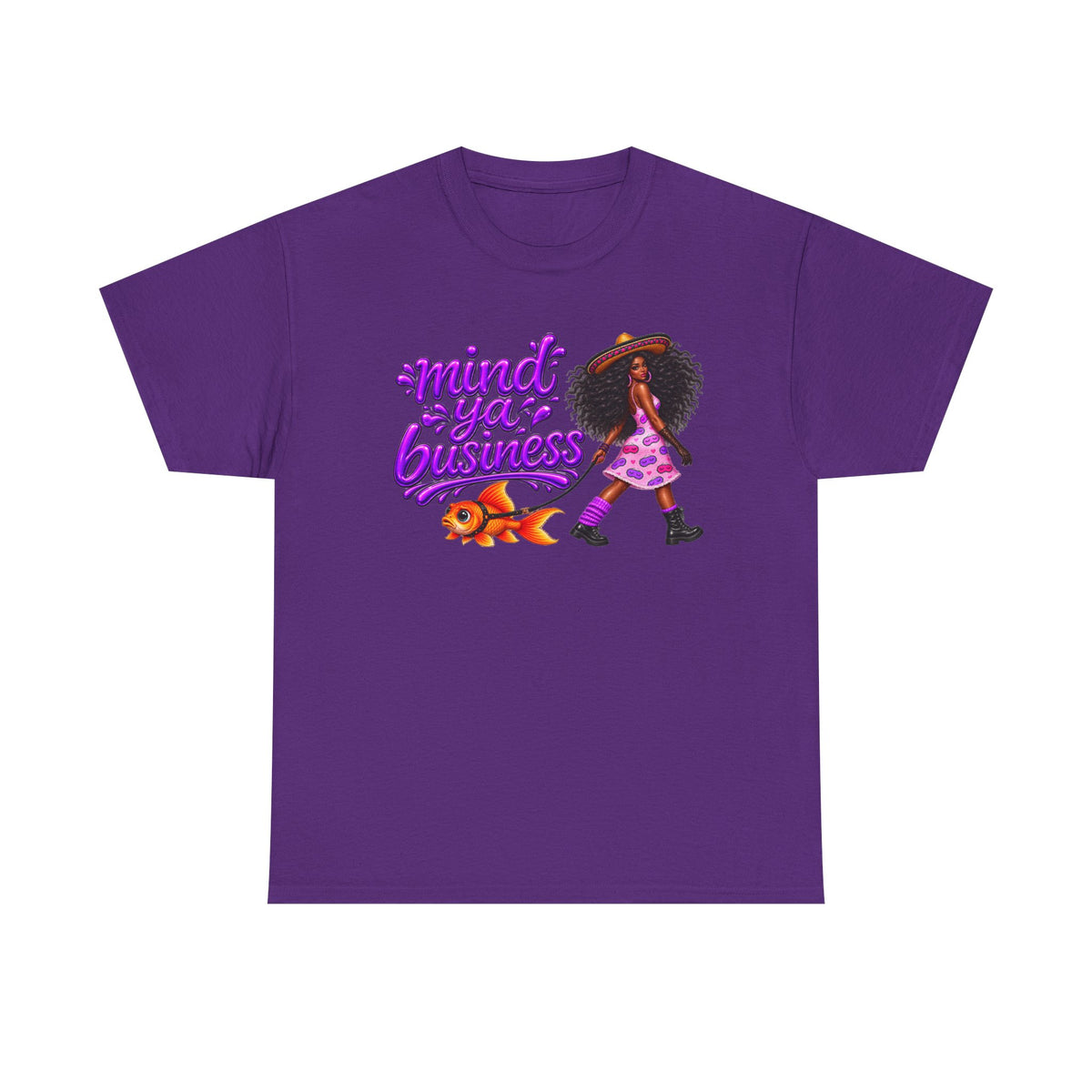 Mind Ya' Business Graphic Tee — Girl Walking with Goldfish Design