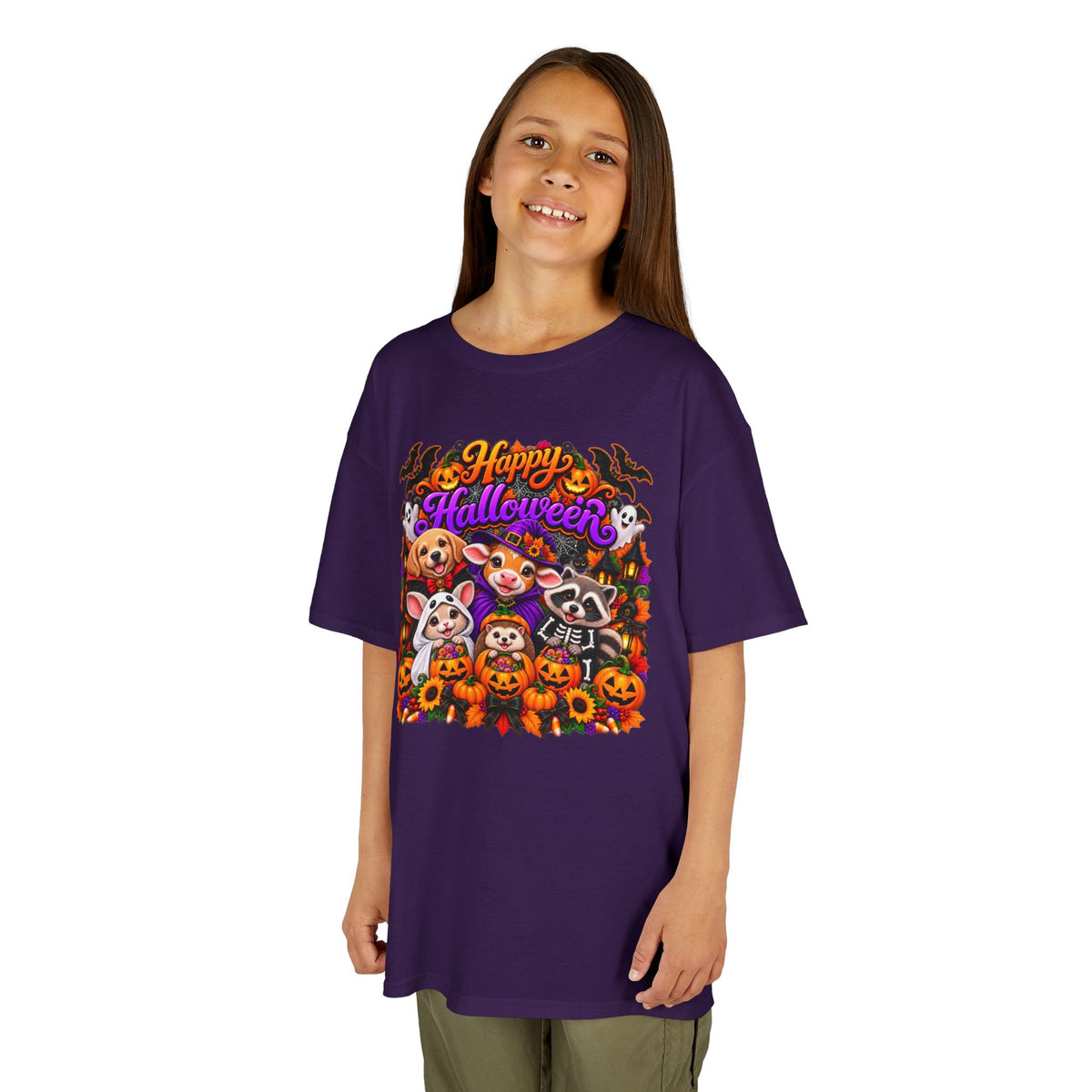 Kids T-Shirt — Colorful 'Happy Halloween' Animal Pumpkin Crew