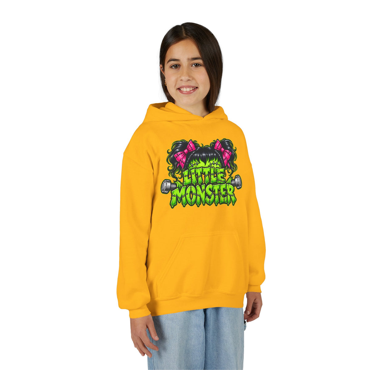 Youth Hoodie — "Little Monster" Cute Green Monster Graphic Sweatshirt