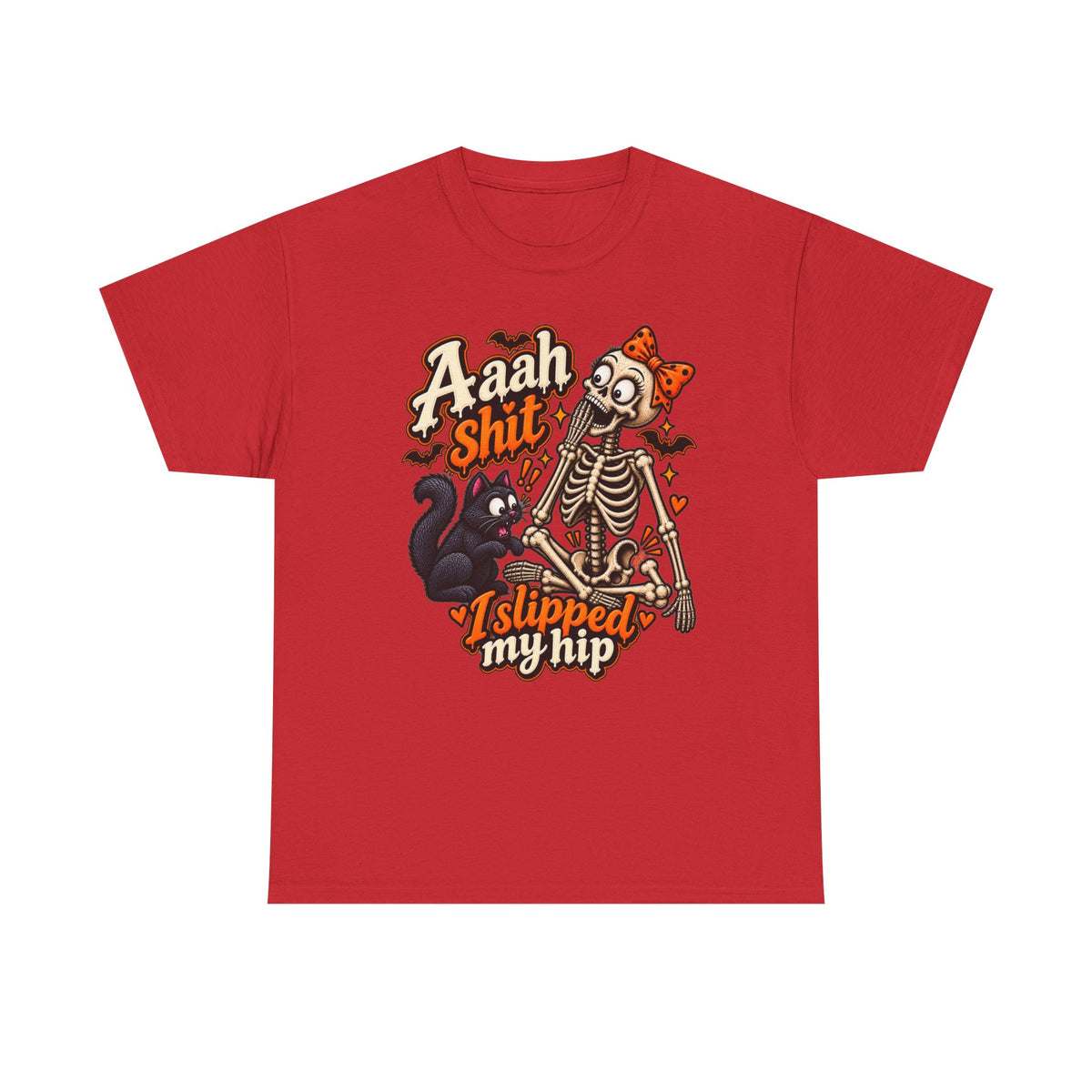 Skeleton Cat Tee — “Aaah Shit I Slipped My Hip” Halloween Graphic T-Shirt