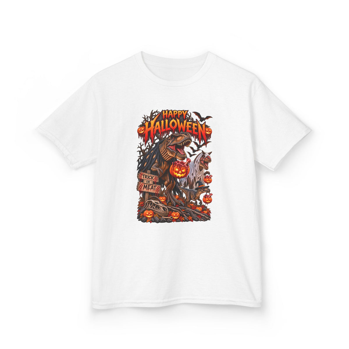 Kids Halloween Tee – "Happy Halloween" Scary Pumpkin Dinosaur Graphic
