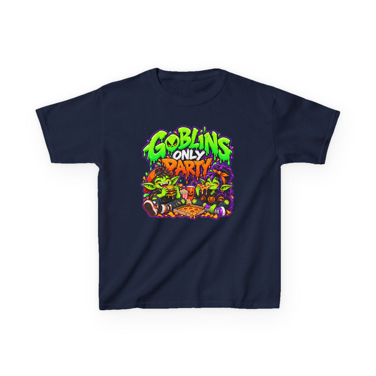 Kids T-Shirt — "Goblins Only Party" Colorful Fantasy Graphic Tee