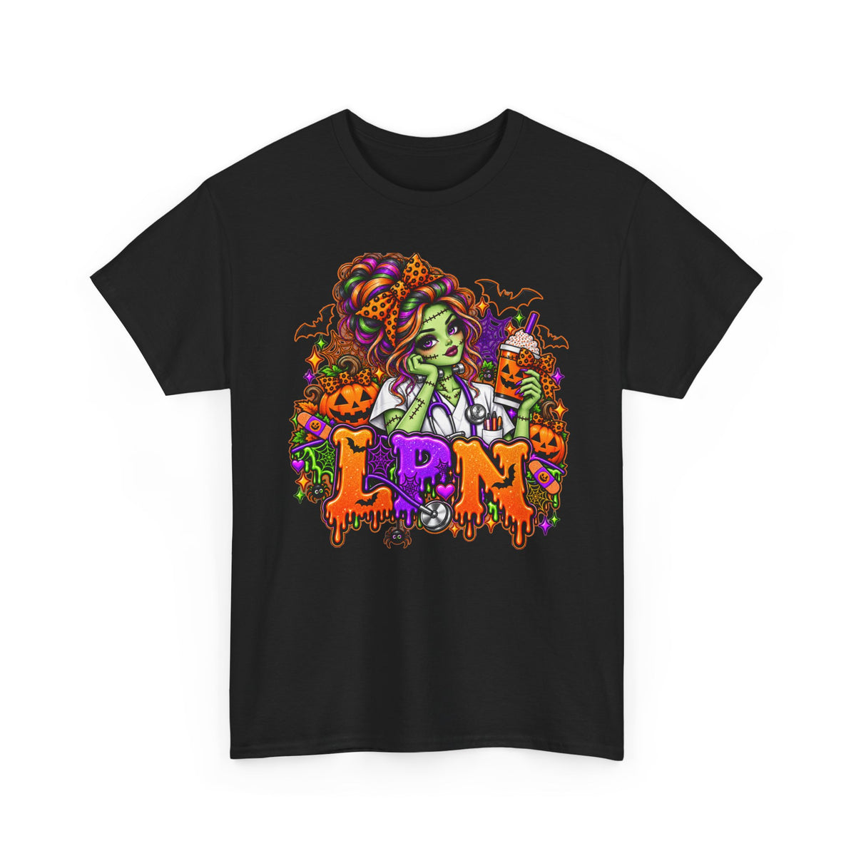 Witchy Halloween Tee — Green Witch, Pumpkins & 'LPN' Candy Gothic Shirt