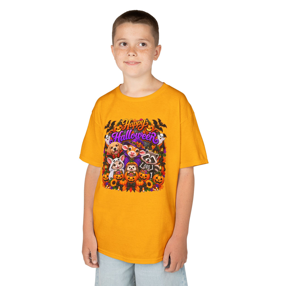 Kids T-Shirt — Colorful 'Happy Halloween' Animal Pumpkin Crew