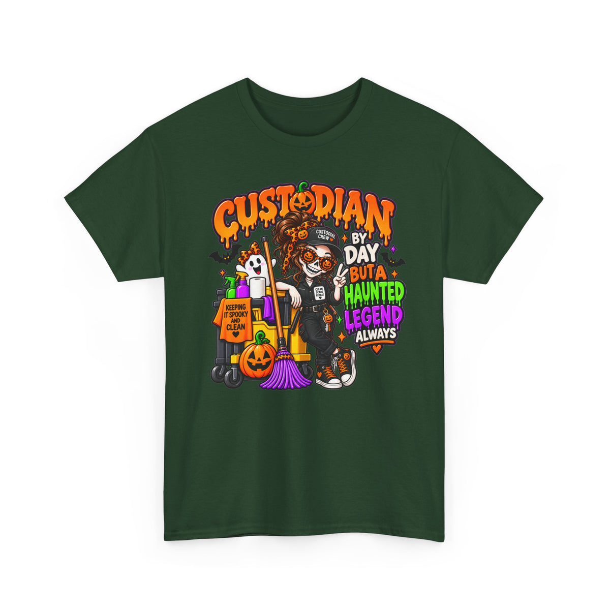 Custodian Halloween T‑Shirt – "Custodian by Day but a Haunted Legend Always" Cute Spooky Custodial Crew Tee
