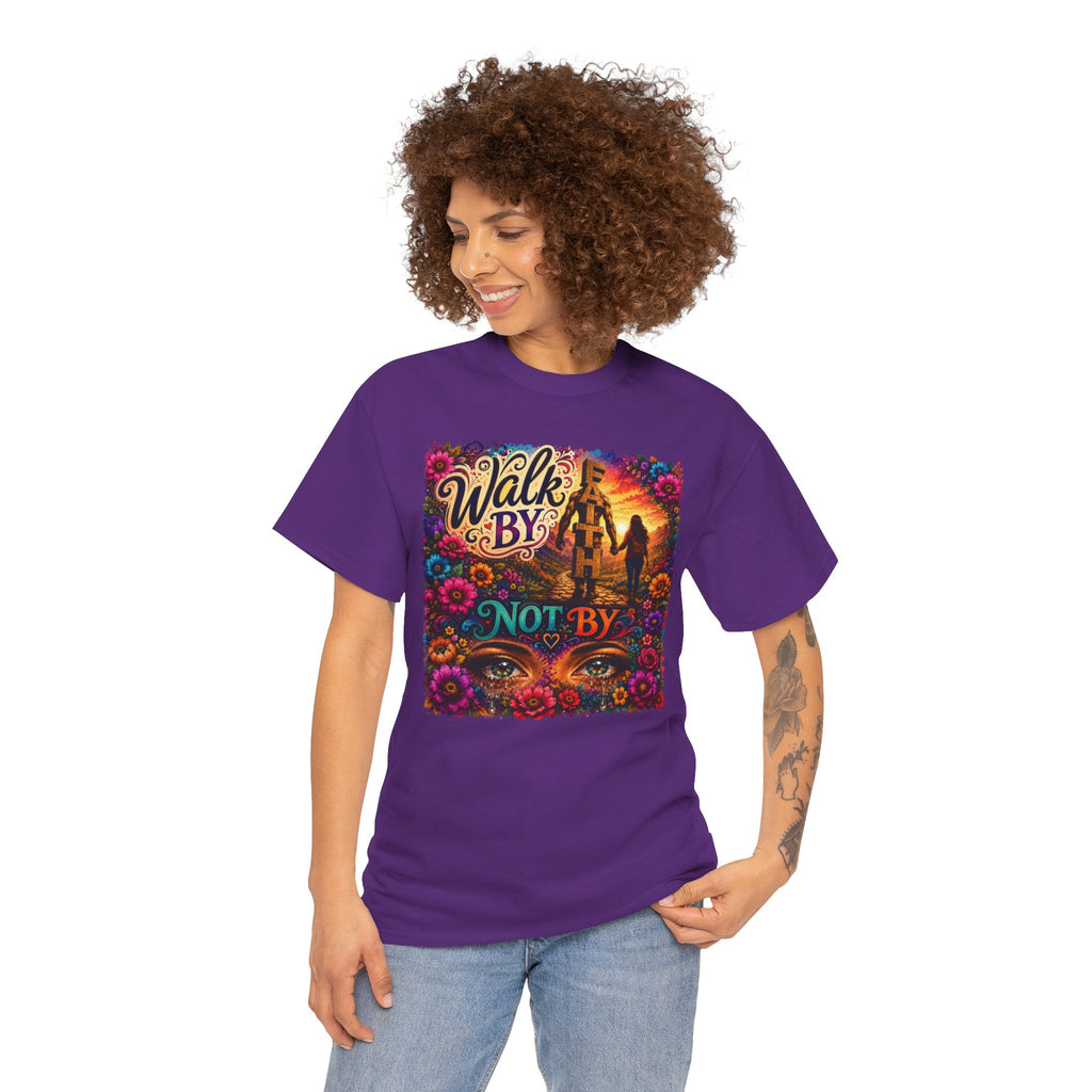 T‑Shirt — "Walk By Faith Not By Sight" Colorful Sunset Silhouette Christian Tee