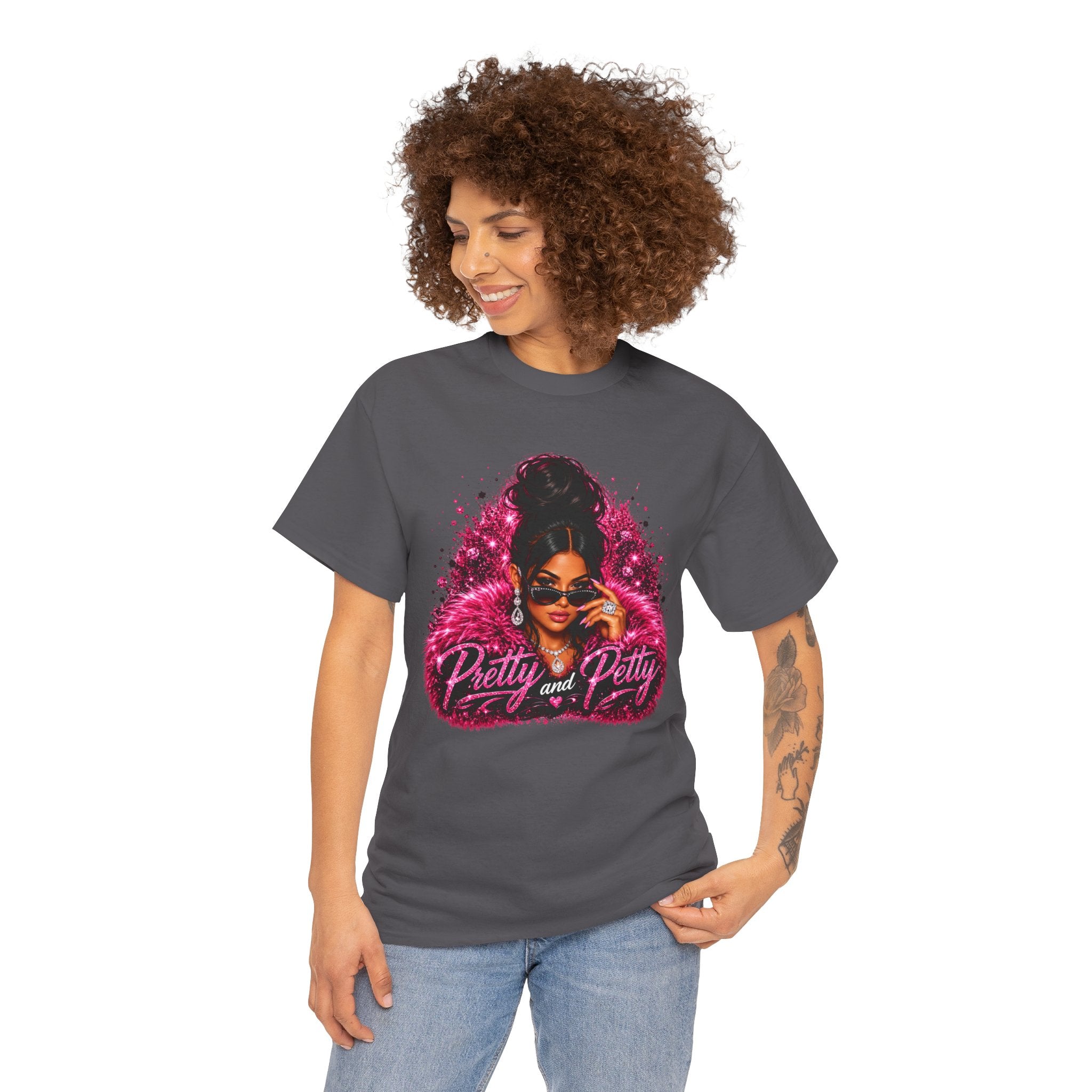 Pretty and Petty Graphic Tee — Bold Pink Afro Chic Women's Shirt