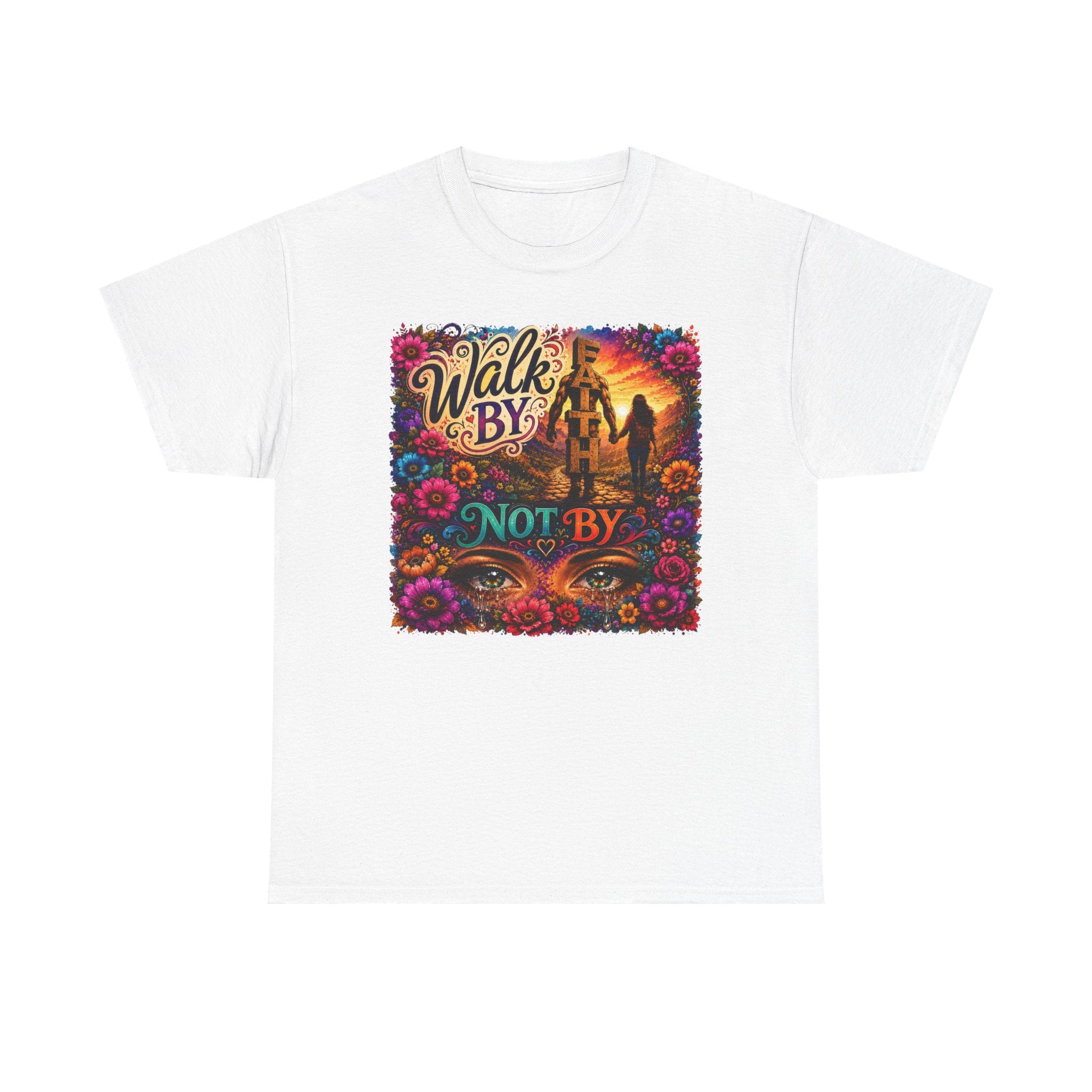 T‑Shirt — "Walk By Faith Not By Sight" Colorful Sunset Silhouette Christian Tee
