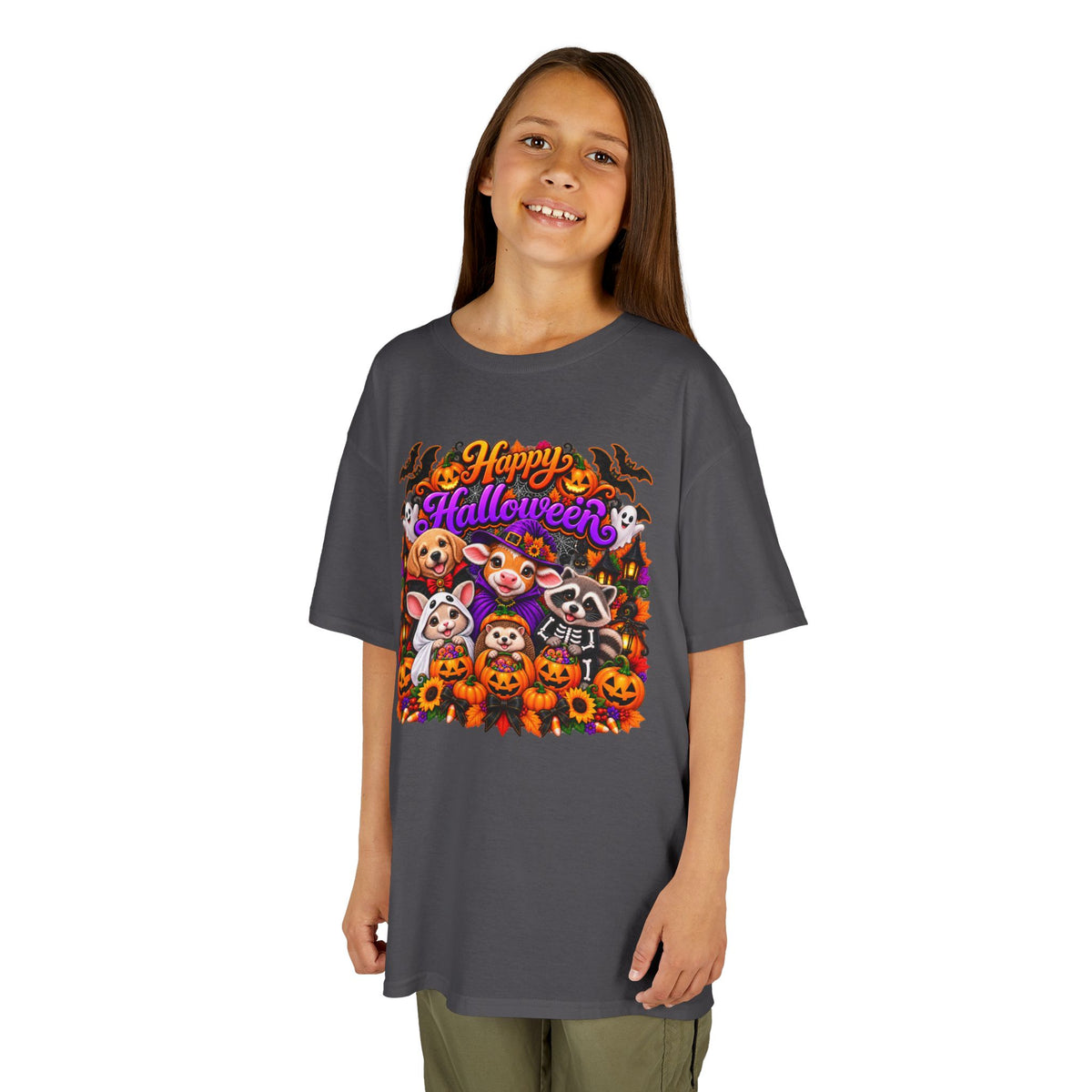 Kids T-Shirt — Colorful 'Happy Halloween' Animal Pumpkin Crew
