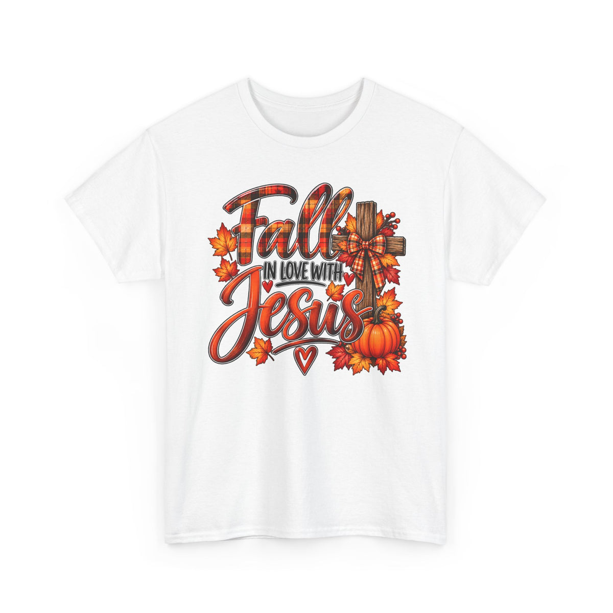 Fall in Love with Jesus T-Shirt — Autumn Christian Tee with Pumpkins & Leaves