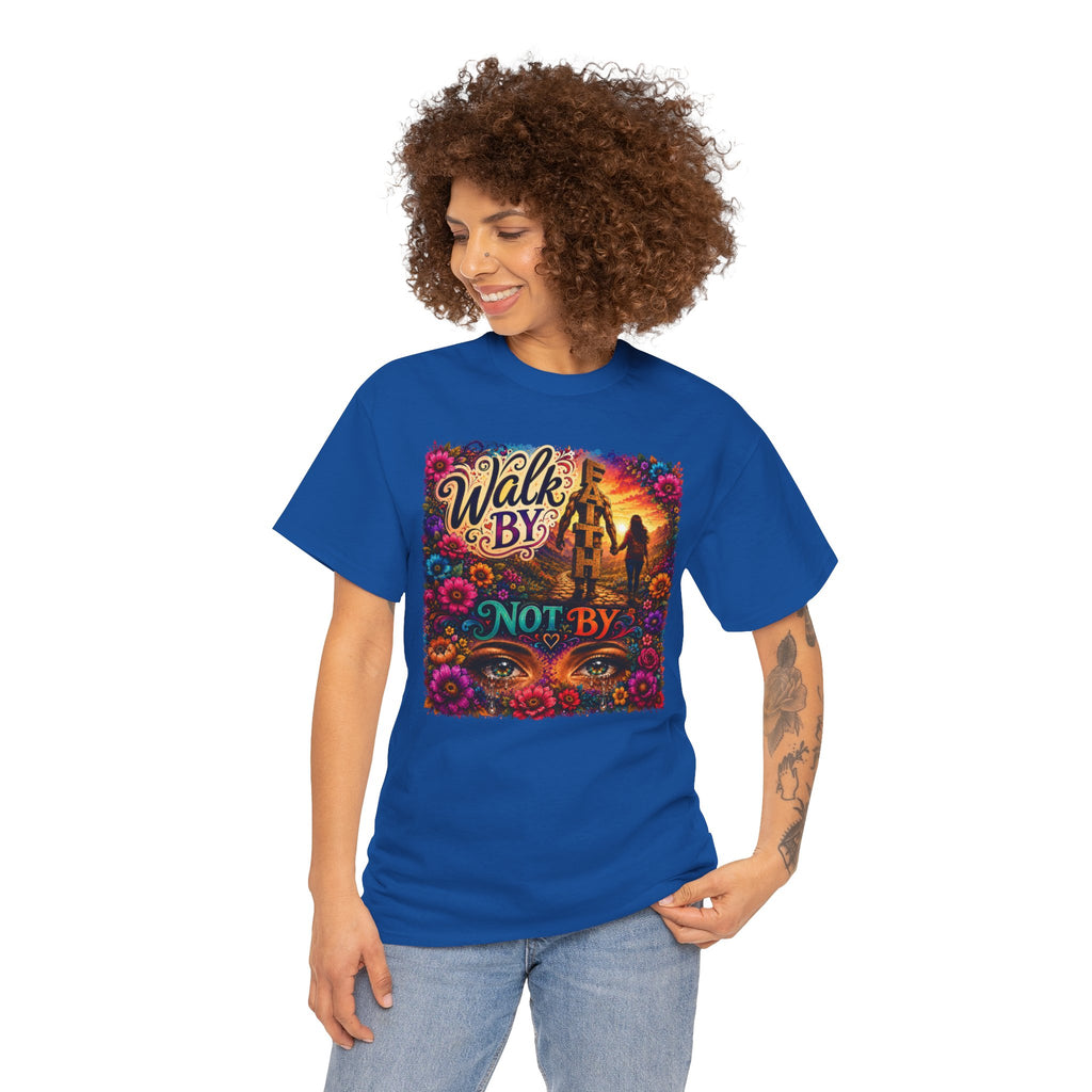 T‑Shirt — "Walk By Faith Not By Sight" Colorful Sunset Silhouette Christian Tee