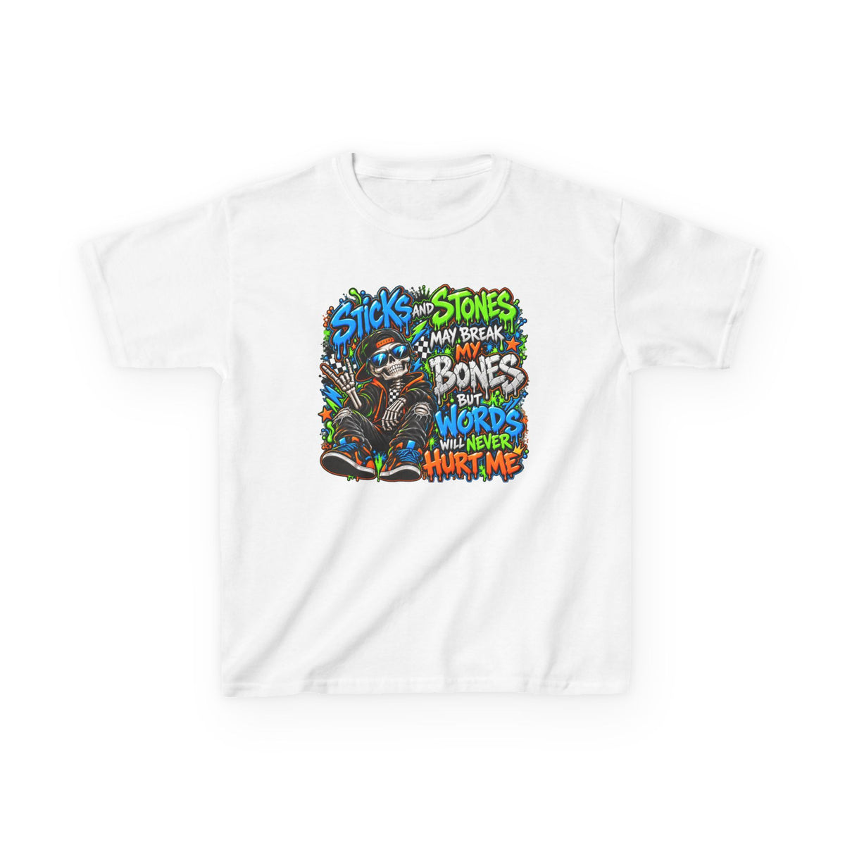 Kids T‑Shirt - Colorful 'Sticks and Stones May Break My Bones But Words Will Never Hurt Me' Graphic Tee