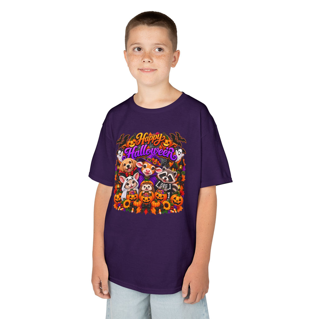 Kids T-Shirt — Colorful 'Happy Halloween' Animal Pumpkin Crew