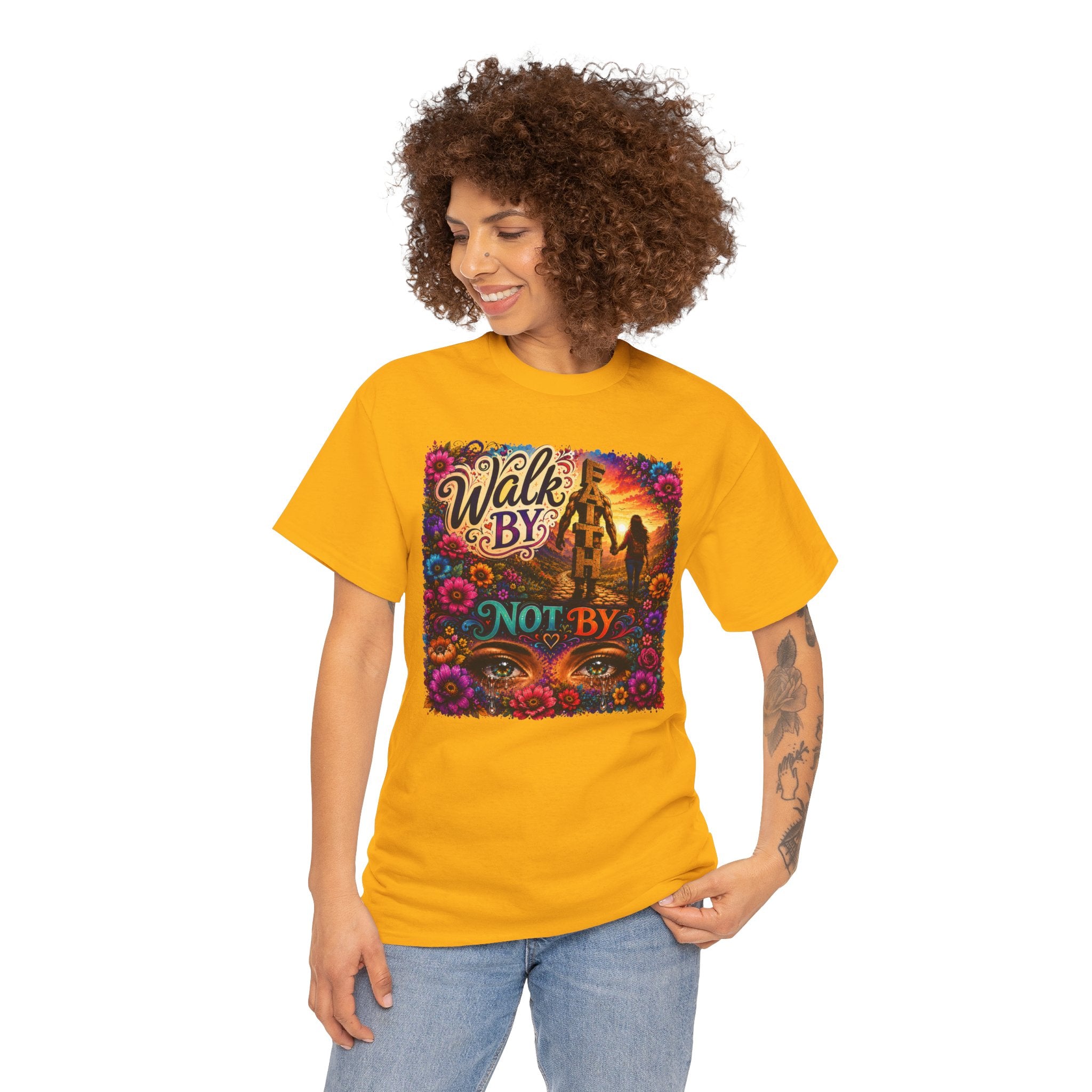 T‑Shirt — "Walk By Faith Not By Sight" Colorful Sunset Silhouette Christian Tee
