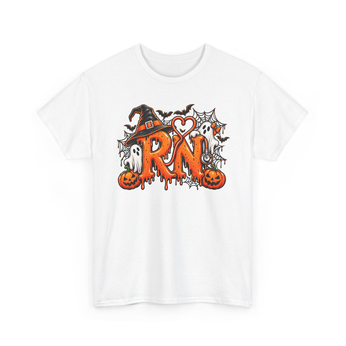 RN Halloween T‑Shirt — Cute Spooky Nurse RN Tee with Pumpkin, Ghosts & Witch Hat
