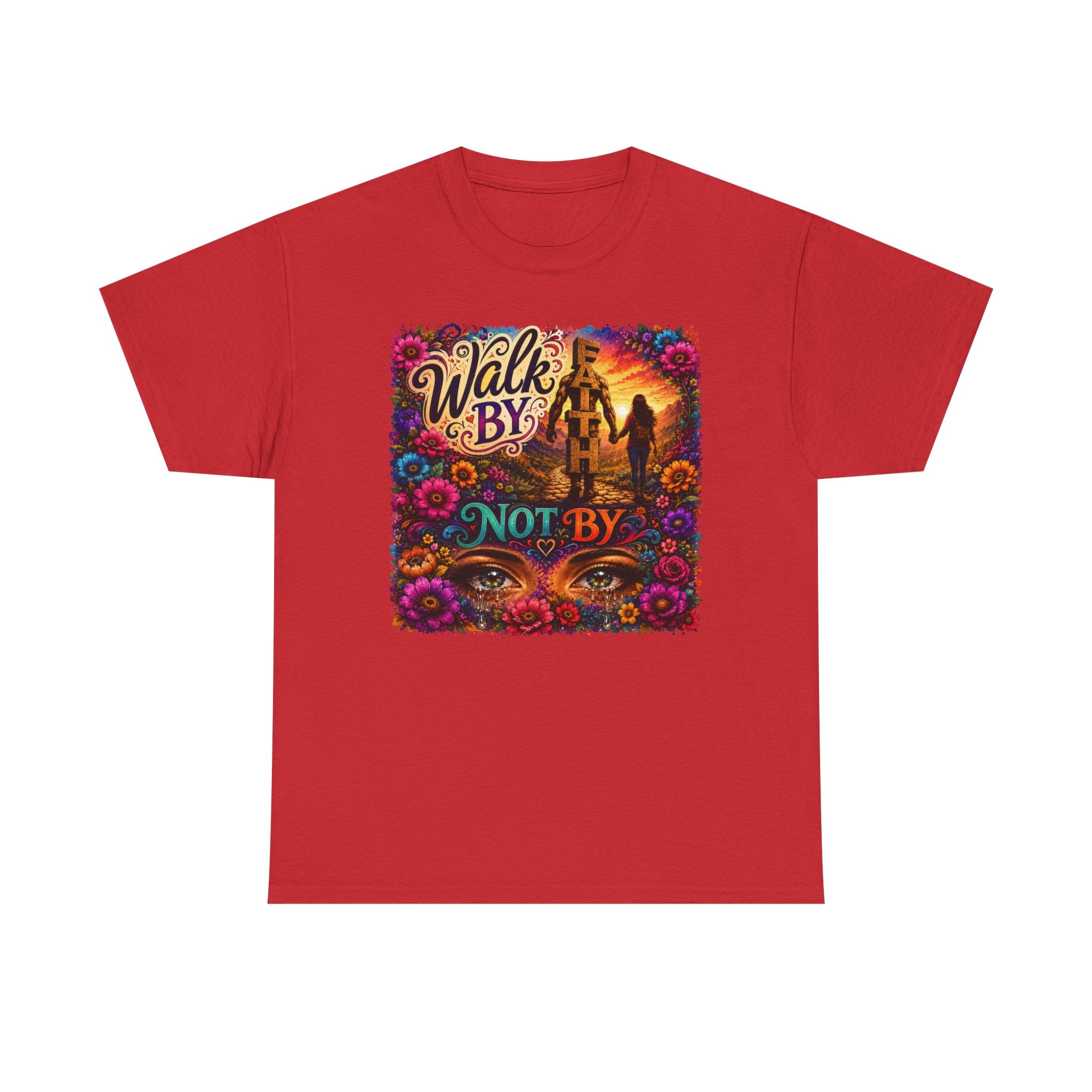 T‑Shirt — "Walk By Faith Not By Sight" Colorful Sunset Silhouette Christian Tee
