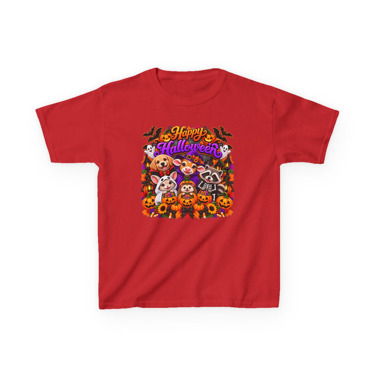 Kids T-Shirt — Colorful 'Happy Halloween' Animal Pumpkin Crew