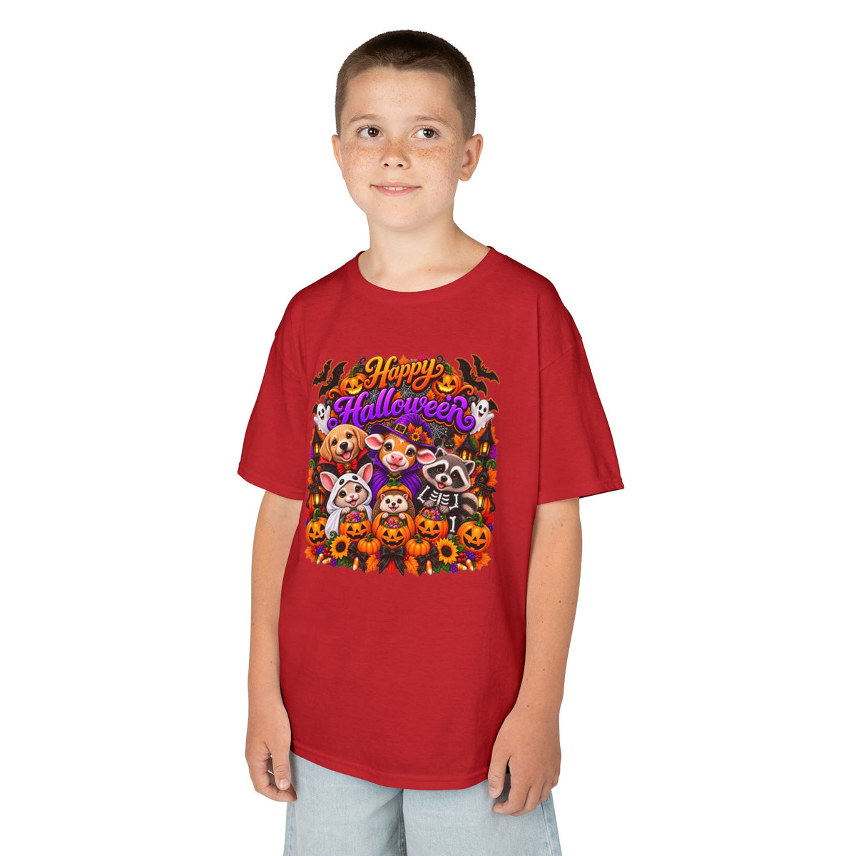 Kids T-Shirt — Colorful 'Happy Halloween' Animal Pumpkin Crew