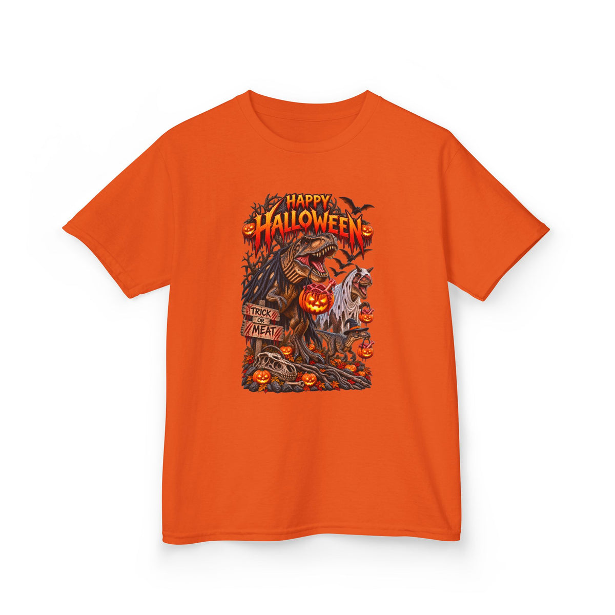 Kids Halloween Tee – "Happy Halloween" Scary Pumpkin Dinosaur Graphic