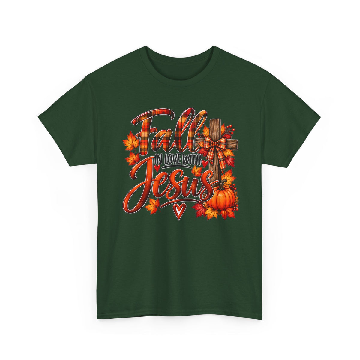Fall in Love with Jesus T-Shirt — Autumn Christian Tee with Pumpkins & Leaves