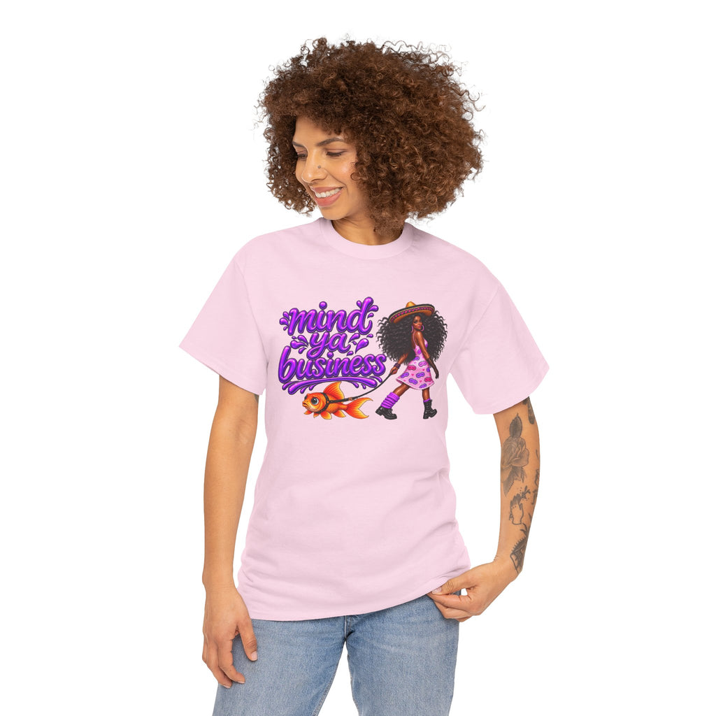 Mind Ya' Business Graphic Tee — Girl Walking with Goldfish Design
