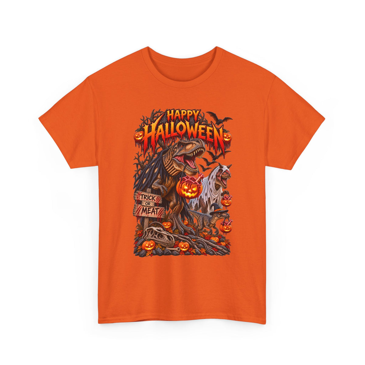 Halloween Dinosaur T‑Shirt — "Happy Halloween" Scary T‑Rex with Jack‑O'Lanterns