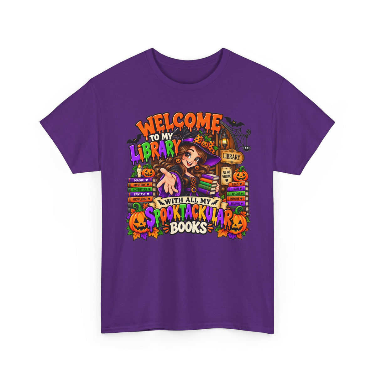 Halloween Library T-Shirt — “Welcome to My Library With All My Spooktackular Books”