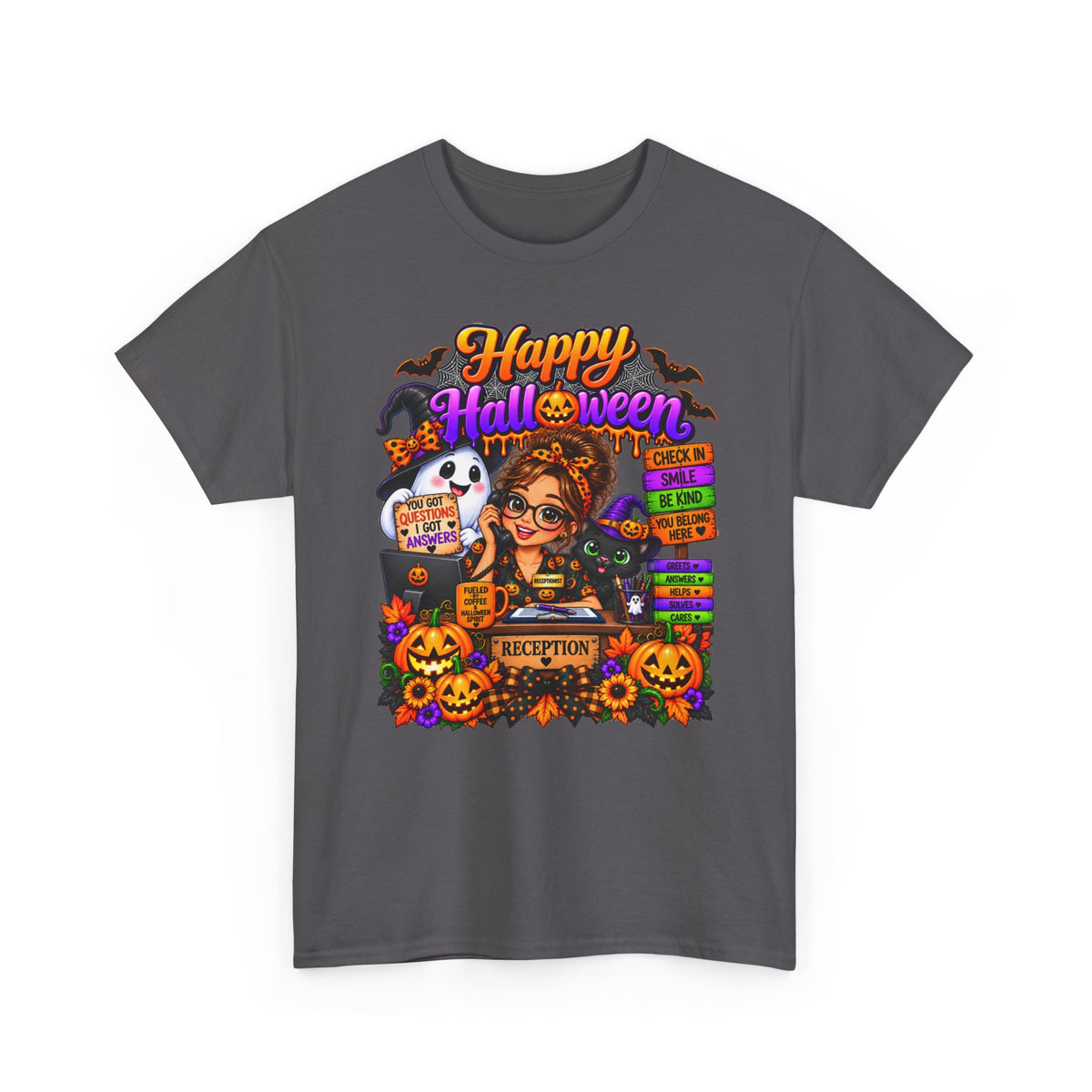 Halloween Receptionist T‑Shirt — Happy Halloween Desk Girl Costume Tee