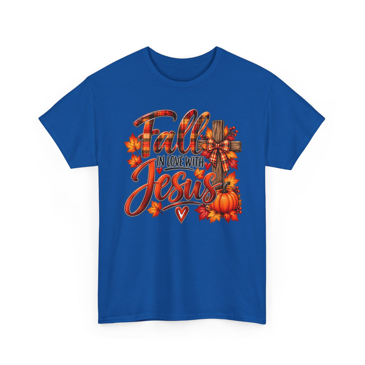Fall in Love with Jesus T-Shirt — Autumn Christian Tee with Pumpkins & Leaves