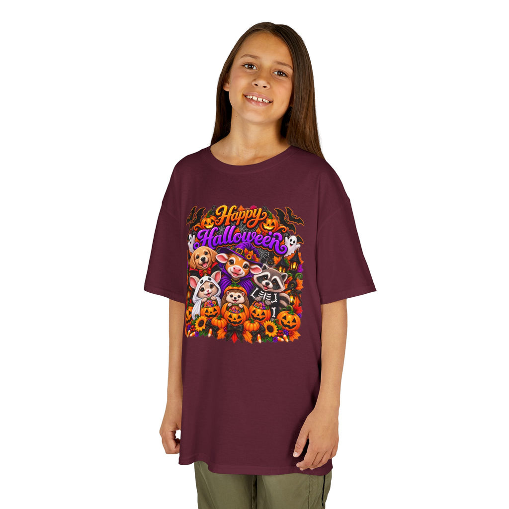 Kids T-Shirt — Colorful 'Happy Halloween' Animal Pumpkin Crew